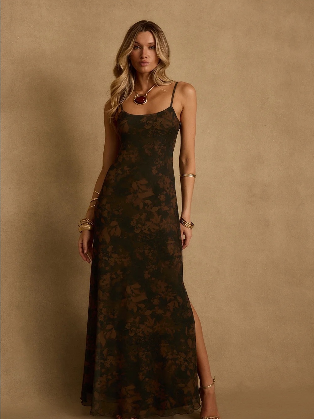 Elegant Brown Floral Slip Dress - Women - Picture 3 of 3
